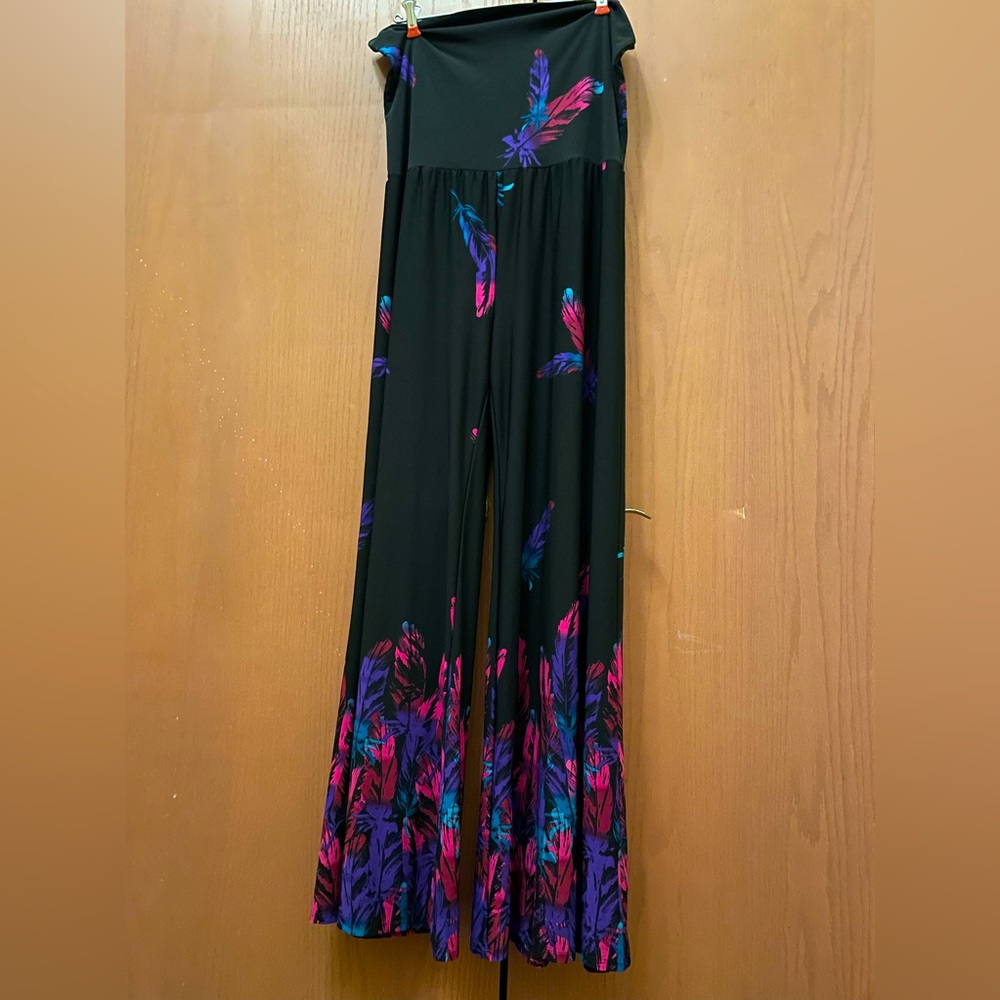 Palazzo Pants in black with hot pink & purple feathers. Size 1X.